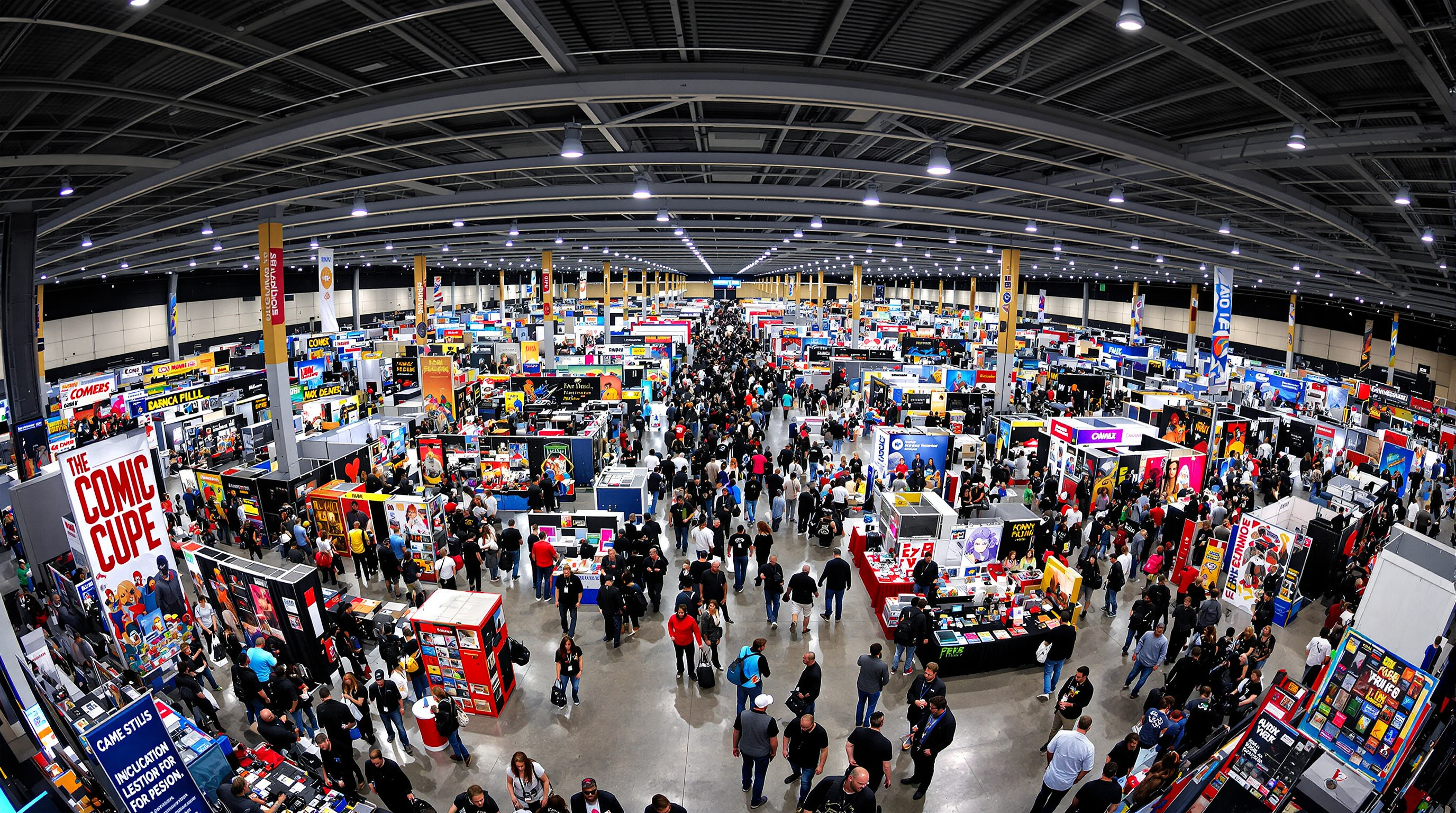 Crowded comic convention floor with booths and cosplayers