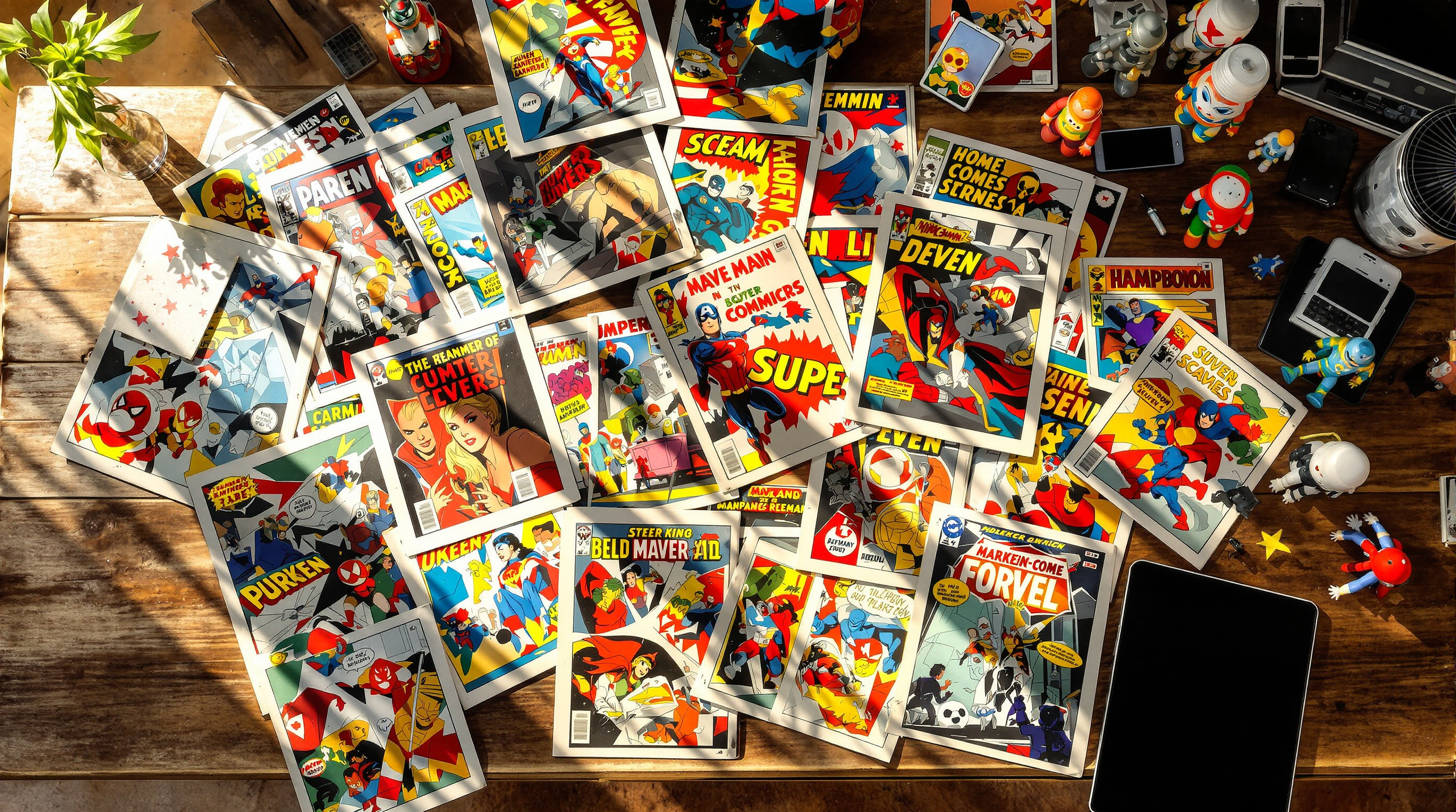 Colorful collection of comic books spread on a table