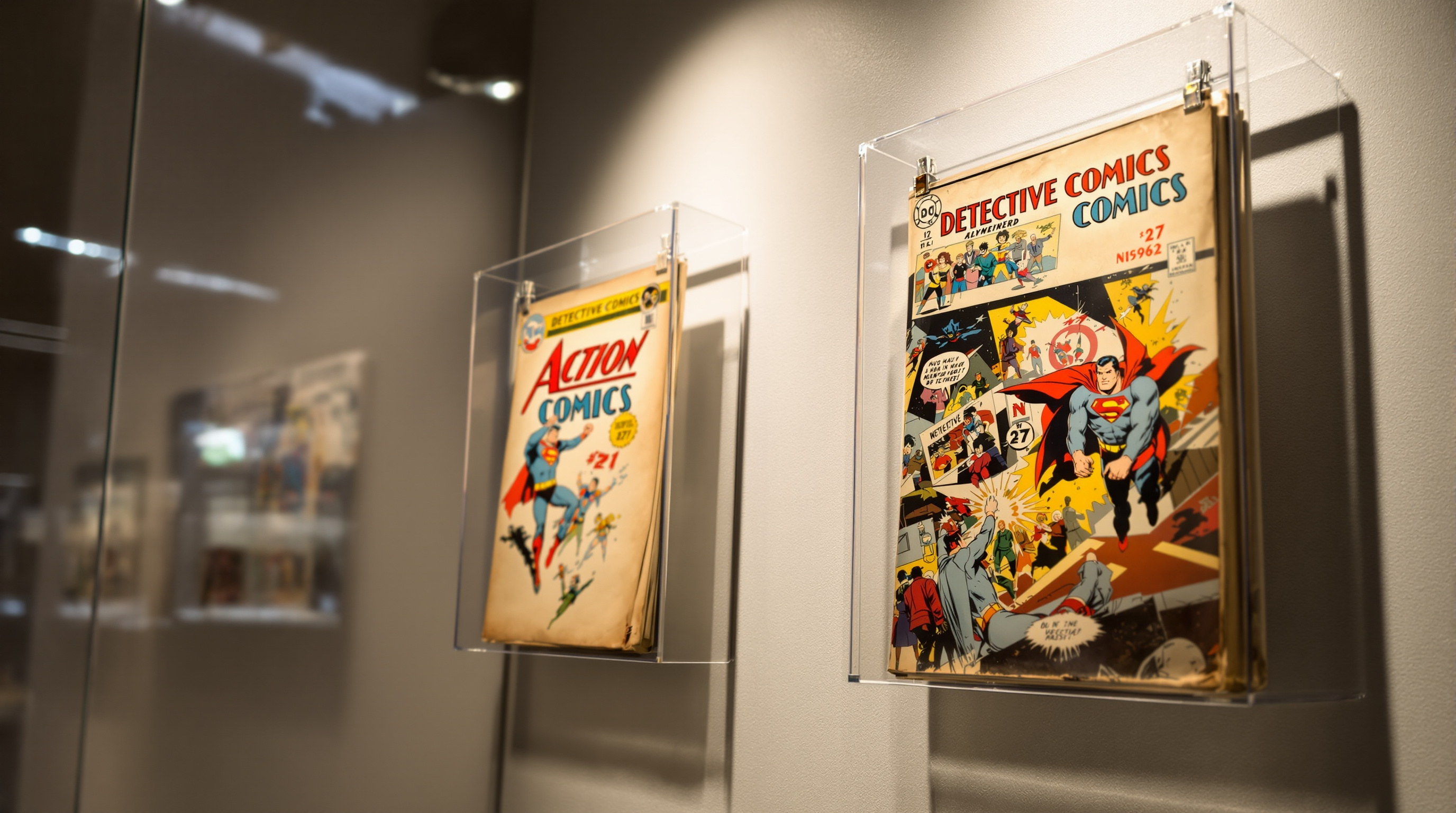 Valuable vintage comic books in protective display case